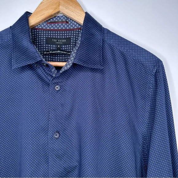 Ted Baker London Navy Micro Dobby Dotted Cotton Button Down Shirt Size 5 US XL - Picture 1 of 10